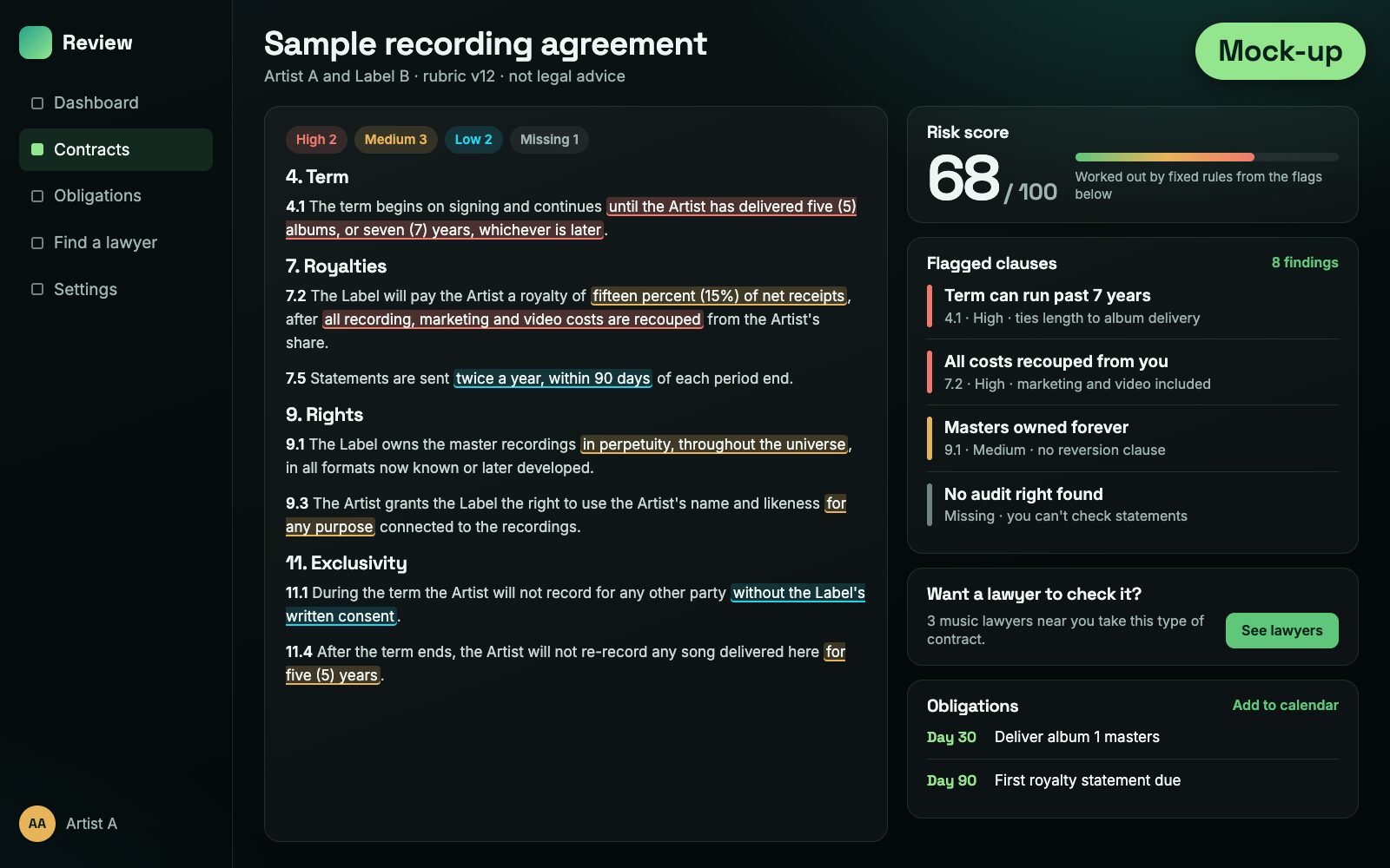 Mock-up of the AI contract review flagging risky clauses