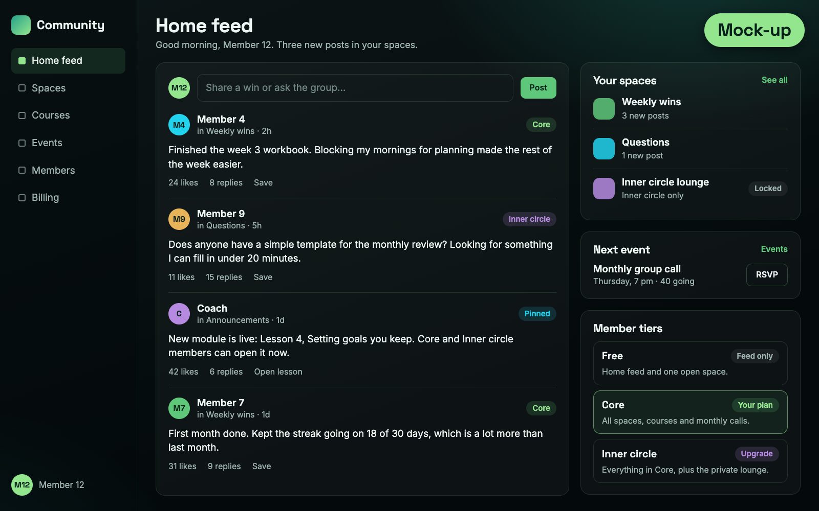 Mock-up of a community feed with spaces and member tiers, made-up data