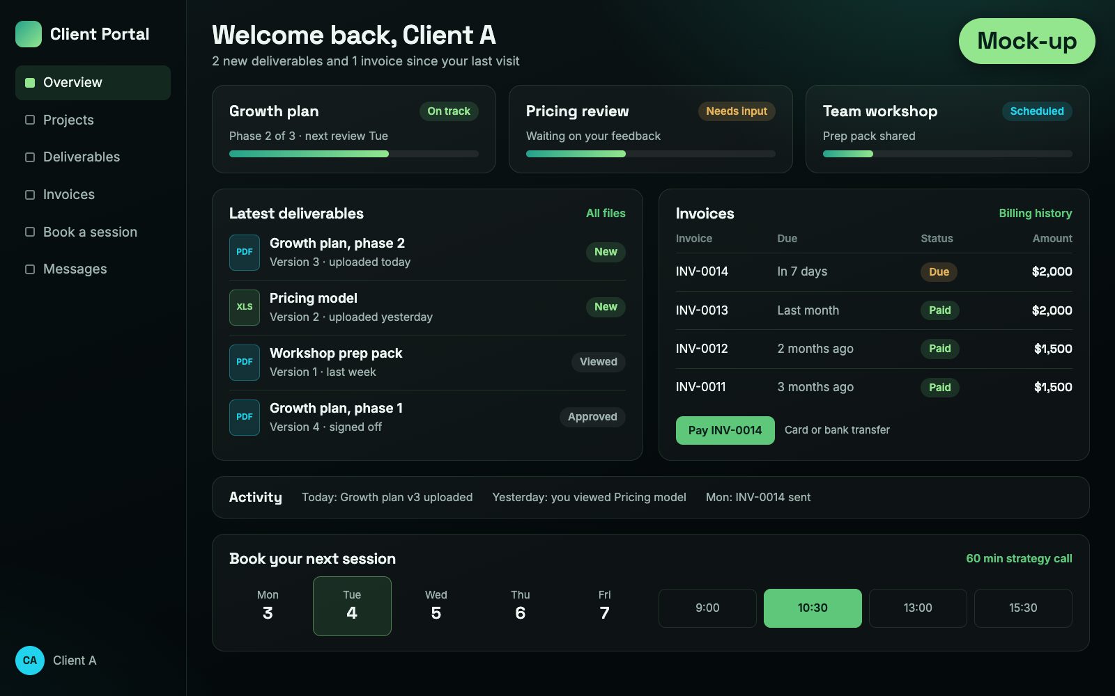 Mock-up of a client portal with projects and files
