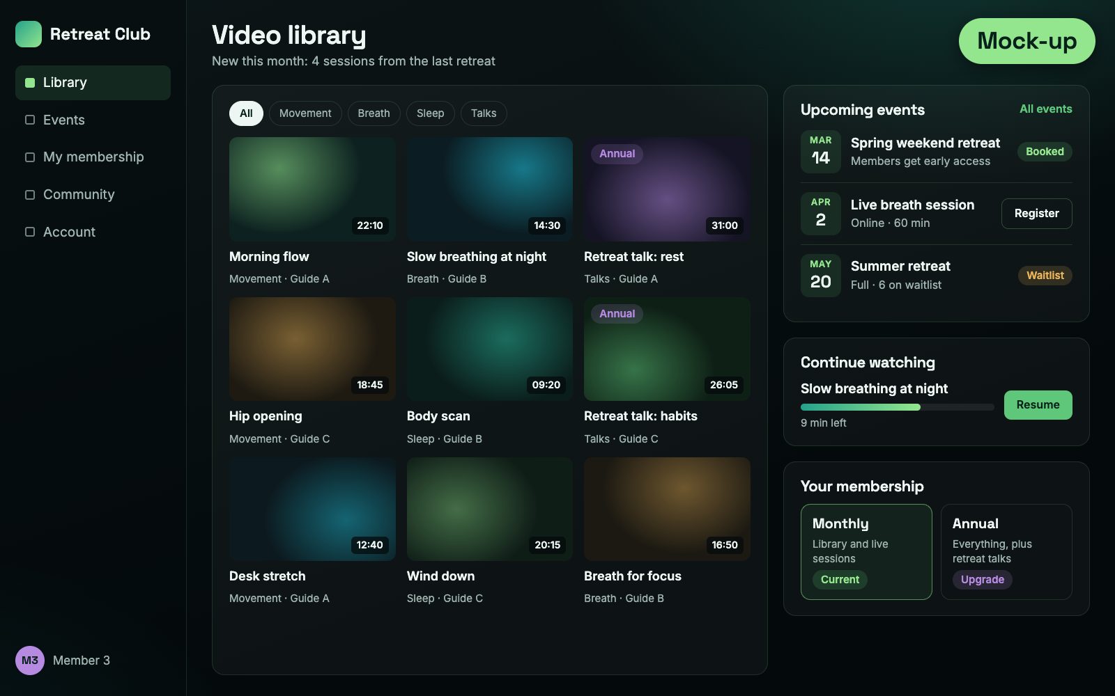 Mock-up of a member hub video library, made-up data