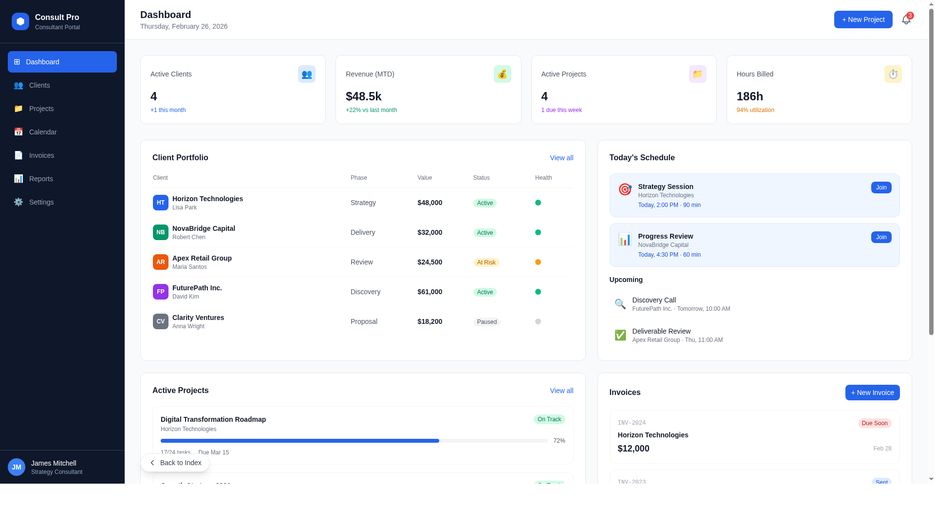 Consultant client portal — representative UI