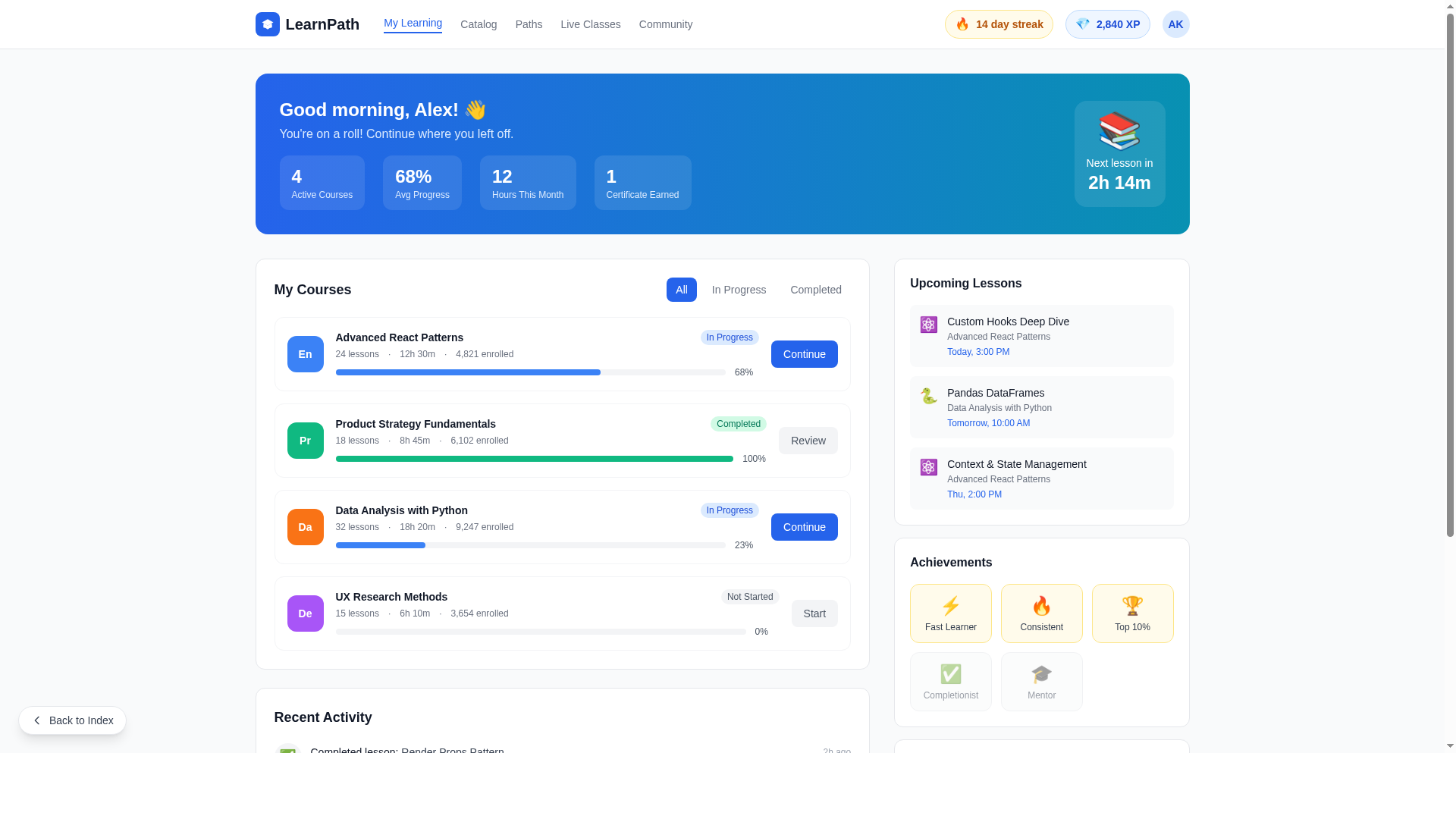 Course platform — representative UI (LearnPath-style dashboard)