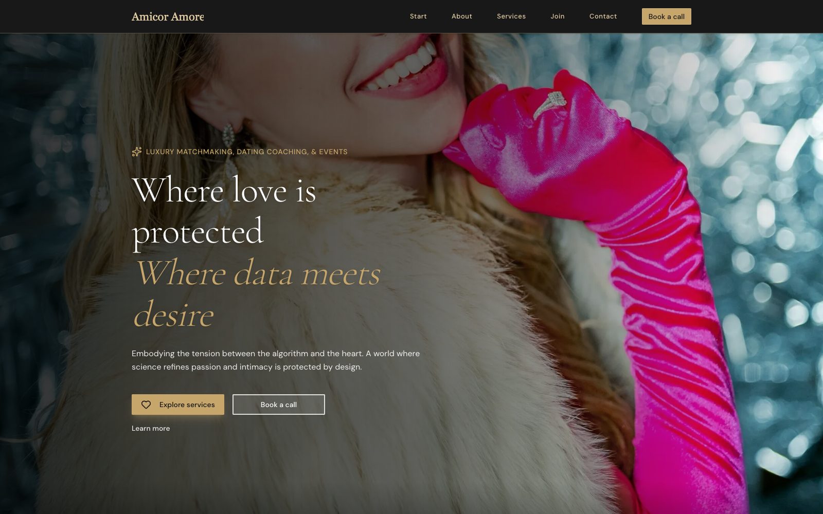 Screenshot of the Amicor Amore homepage, a luxury matchmaking brand