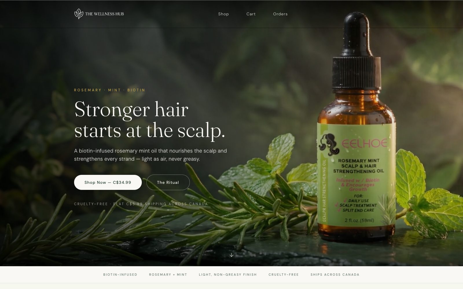 Screenshot of The Wellness Hub store selling a rosemary mint hair oil
