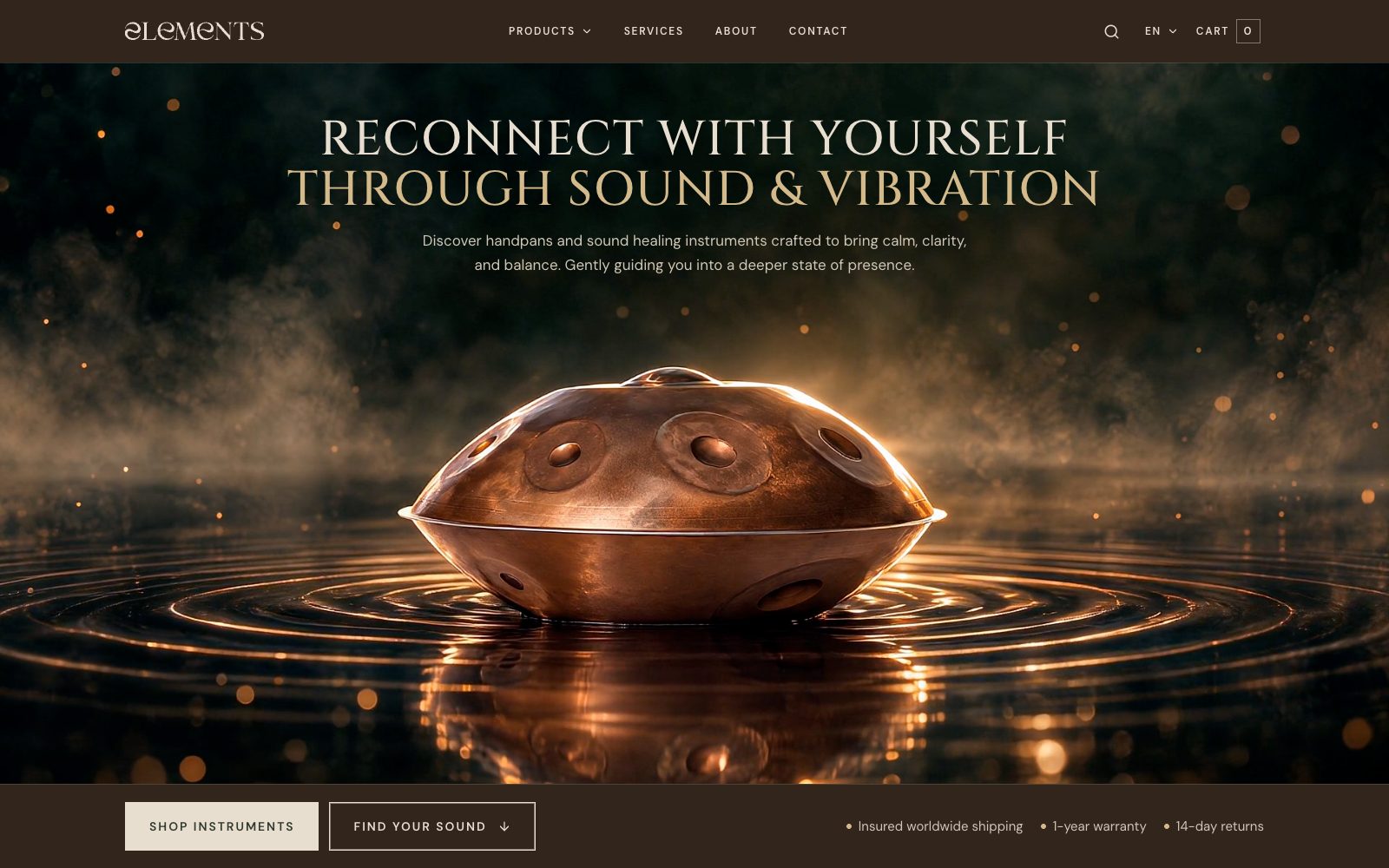 Screenshot of the Elements Handpans homepage with a copper handpan on water